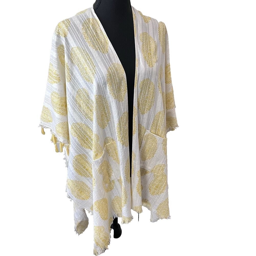 Vince Camuto Wm's Butter Yellow Flowy Kimono Open‎ Front Fringe Cardigan OS Wrap